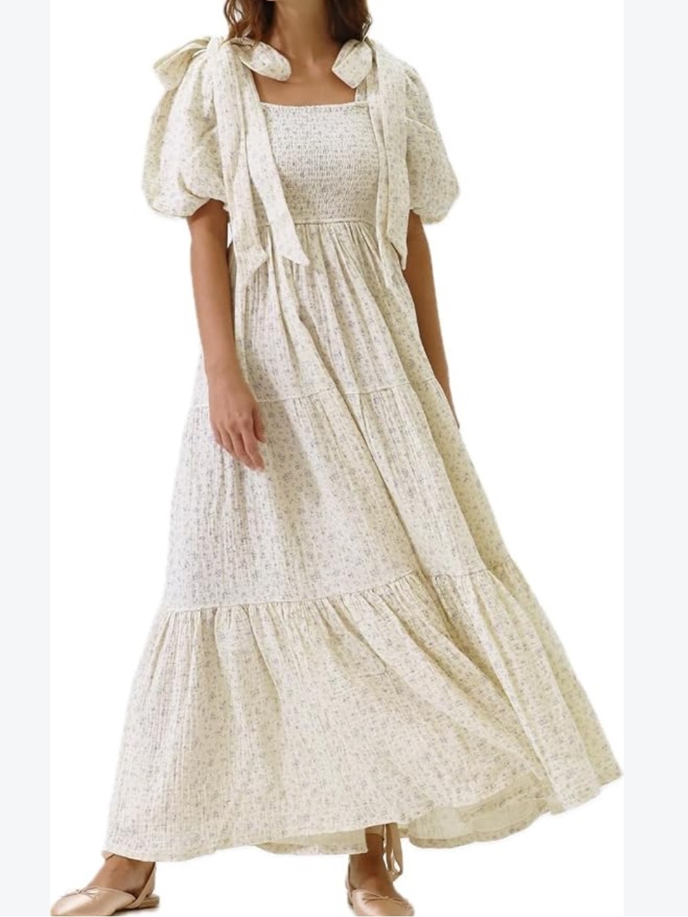 Smocked Puff-Sleeve Maxi Dress in Cream